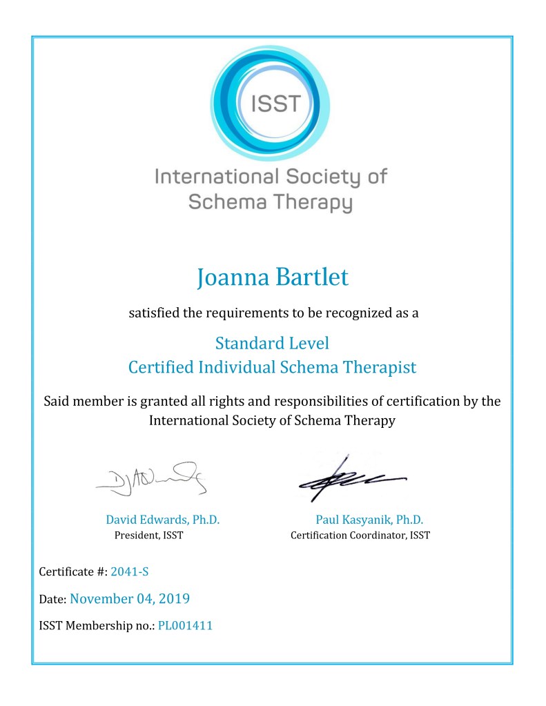 The image shows a certificate of membership in the International Society of Schema Therapy (ISST), featuring the ISST logo...